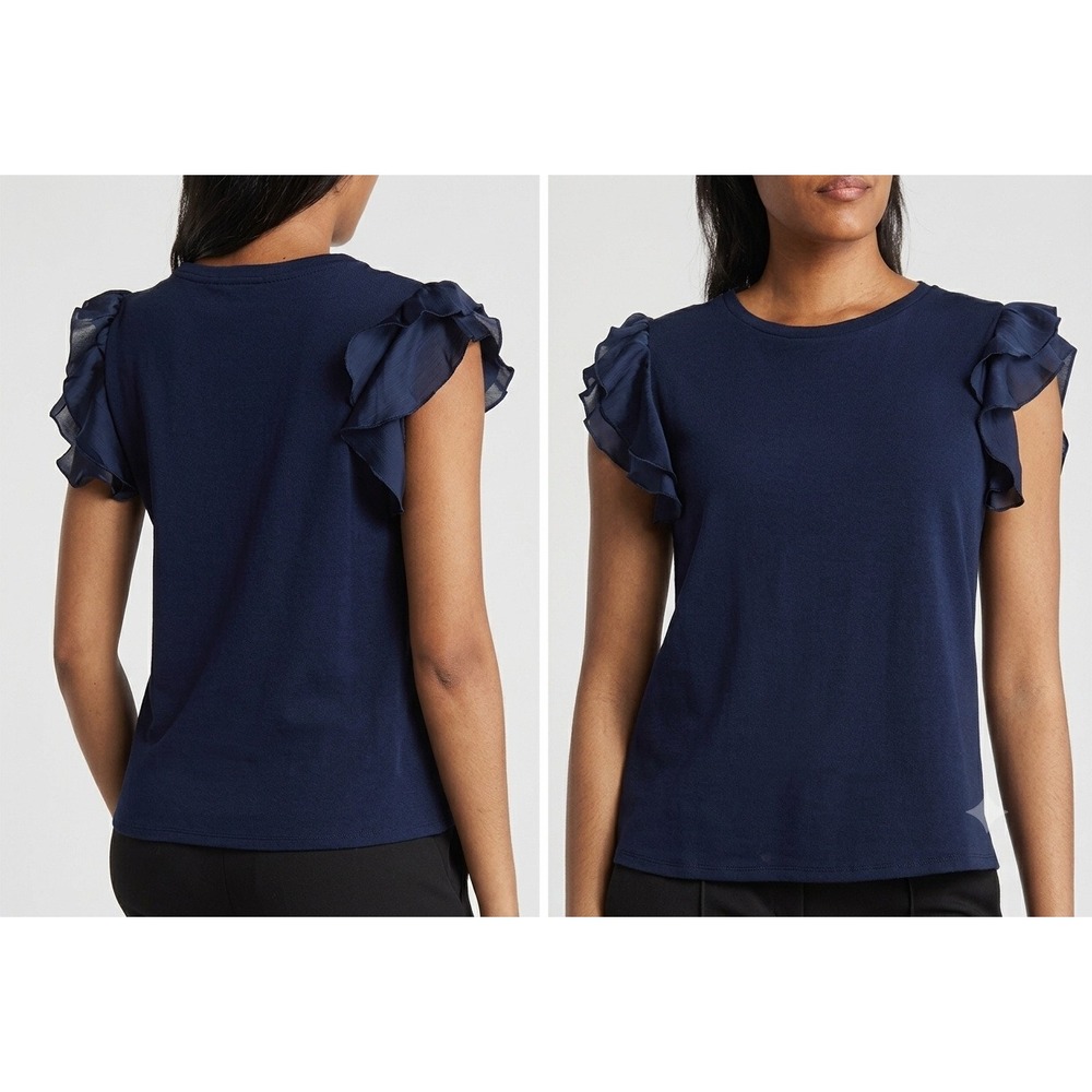 Vince Camuto Knit Top Womens XS Navy Blue Ruffle Sleeve Chiffon Trim Blouse